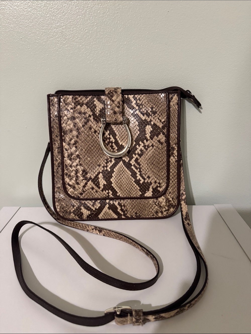 Brighton Snake-Print Crossbody in Beige and Brown